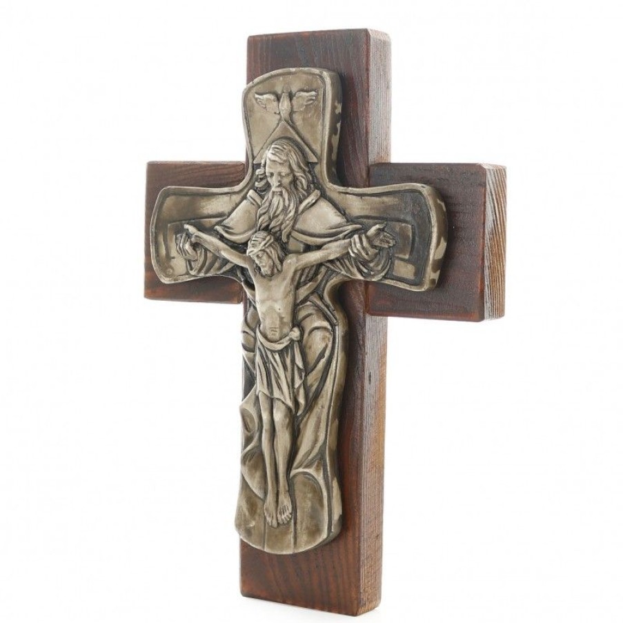 Palais du Rosaire Crucifix Bois | Crucifix En Bois Decore De La Sainte Trinite 22Cm
