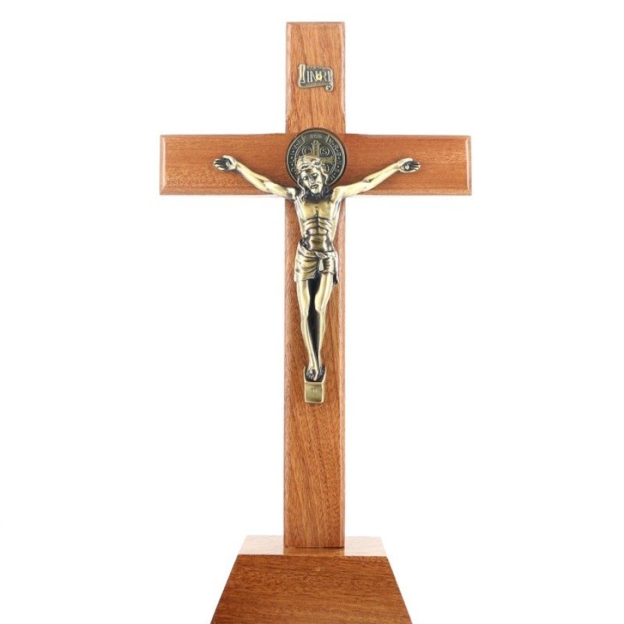 Palais du Rosaire Crucifix Bois | Crucifix Sur Pied De Saint Benoit En Bois 30Cm