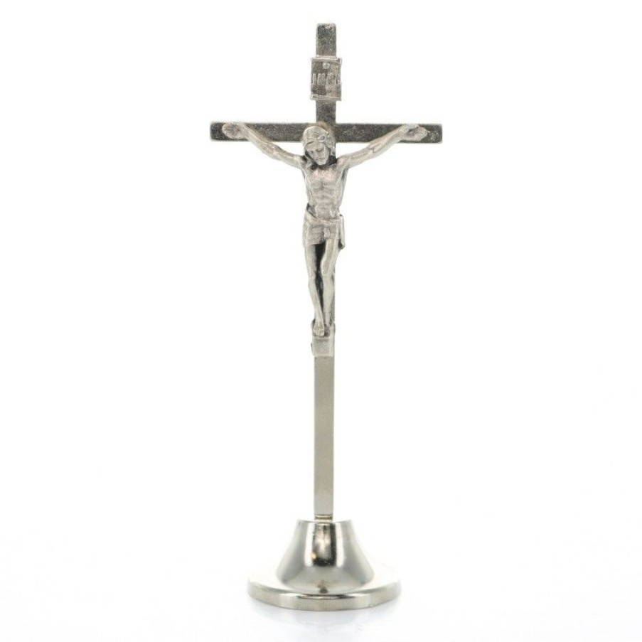Palais du Rosaire Crucifix Metal | Crucifix De 10Cm En Metal Argente Sur Socle Evase