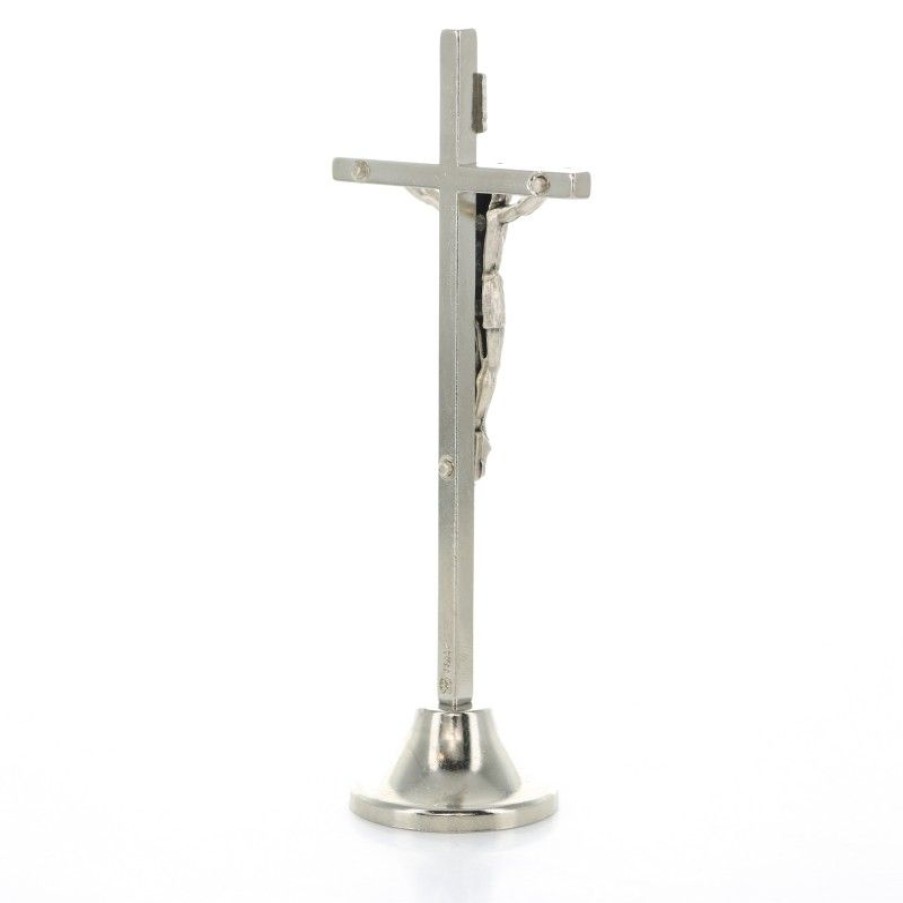 Palais du Rosaire Crucifix Metal | Crucifix De 10Cm En Metal Argente Sur Socle Evase
