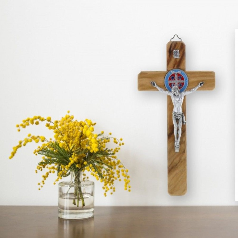Palais du Rosaire Crucifix Bois | Crucifix De Saint Benoit En Bois D'Olivier Et Medaille Coloree 19Cm