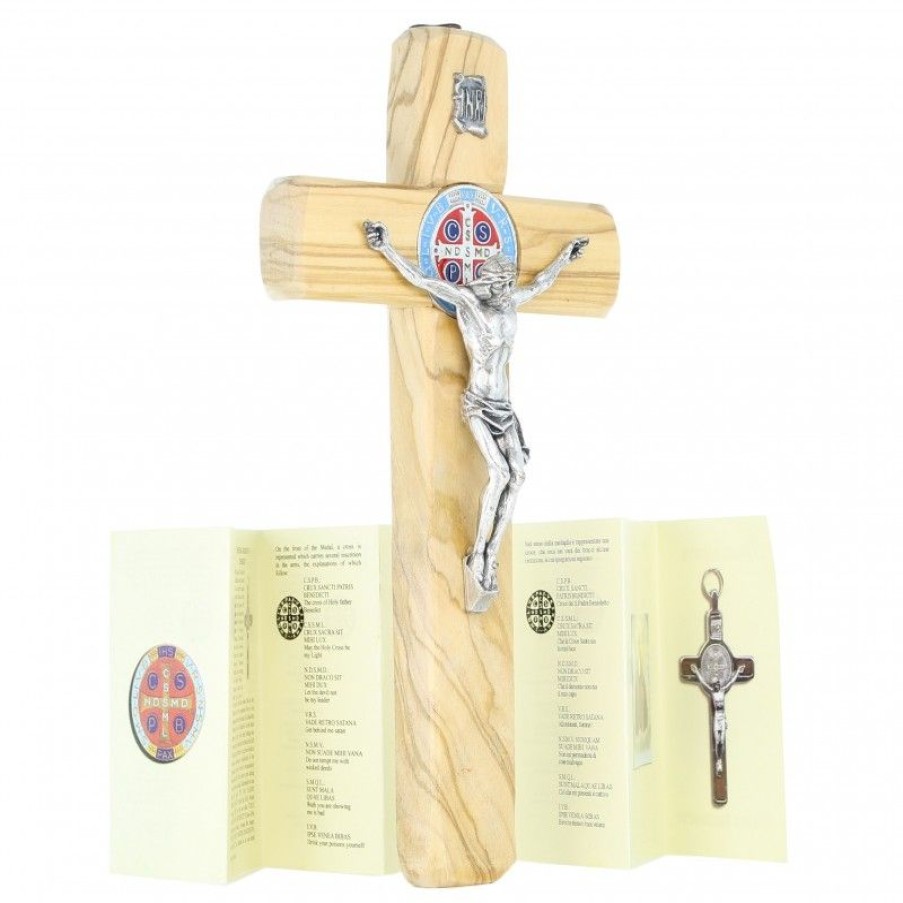 Palais du Rosaire Crucifix Bois | Crucifix De Saint Benoit En Bois D'Olivier Et Medaille Coloree 19Cm
