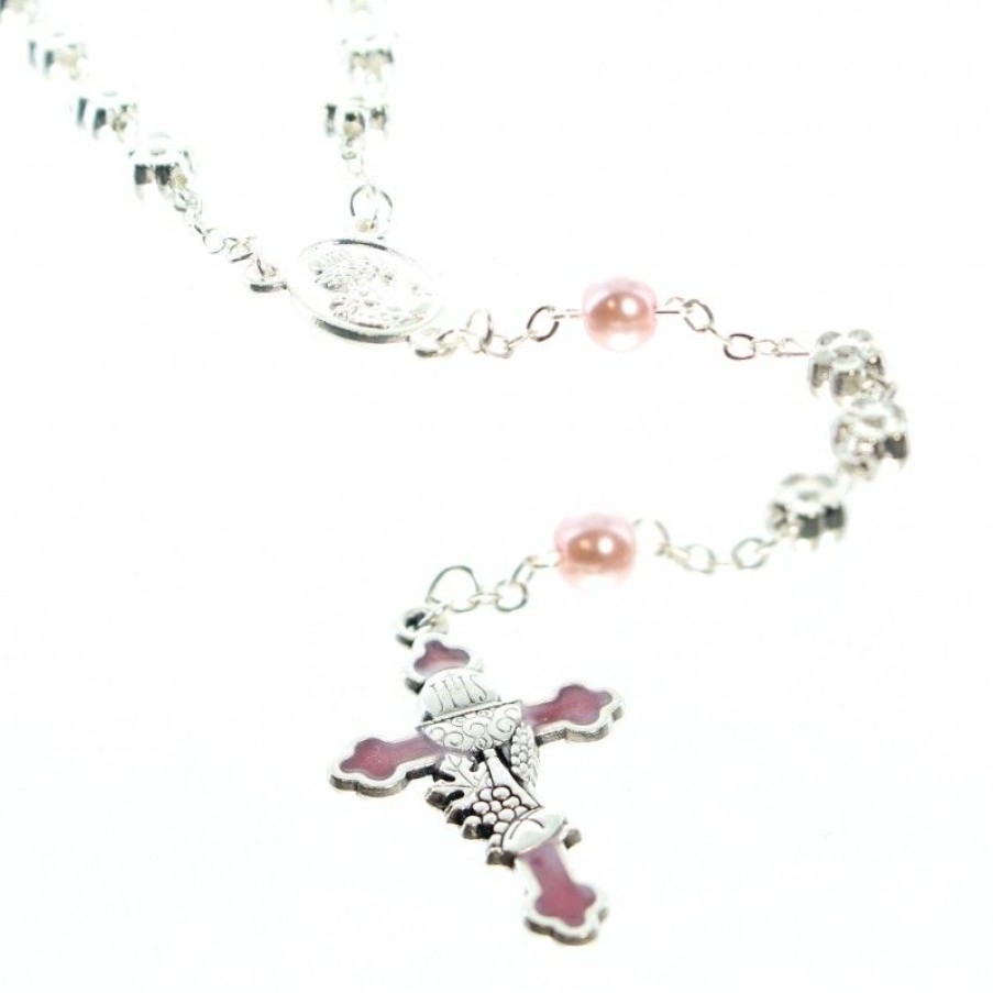 Palais du Rosaire Chapelet Pour Enfant | Chapelet De Communion Rose Avec Fleurs Argentees Et Sa Boite