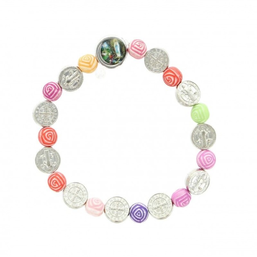 Palais du Rosaire Bracelet Fantaisie | Bracelet Avec Grains Multicolor Et Medaille De Saint Benoit