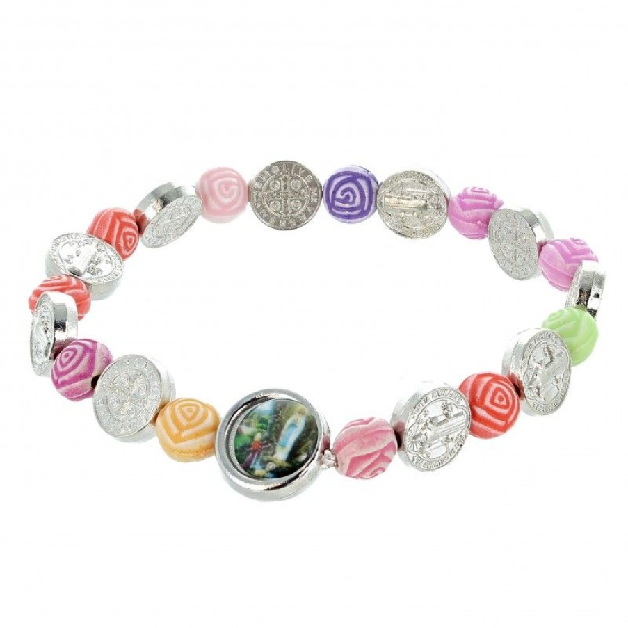 Palais du Rosaire Bracelet Fantaisie | Bracelet Avec Grains Multicolor Et Medaille De Saint Benoit