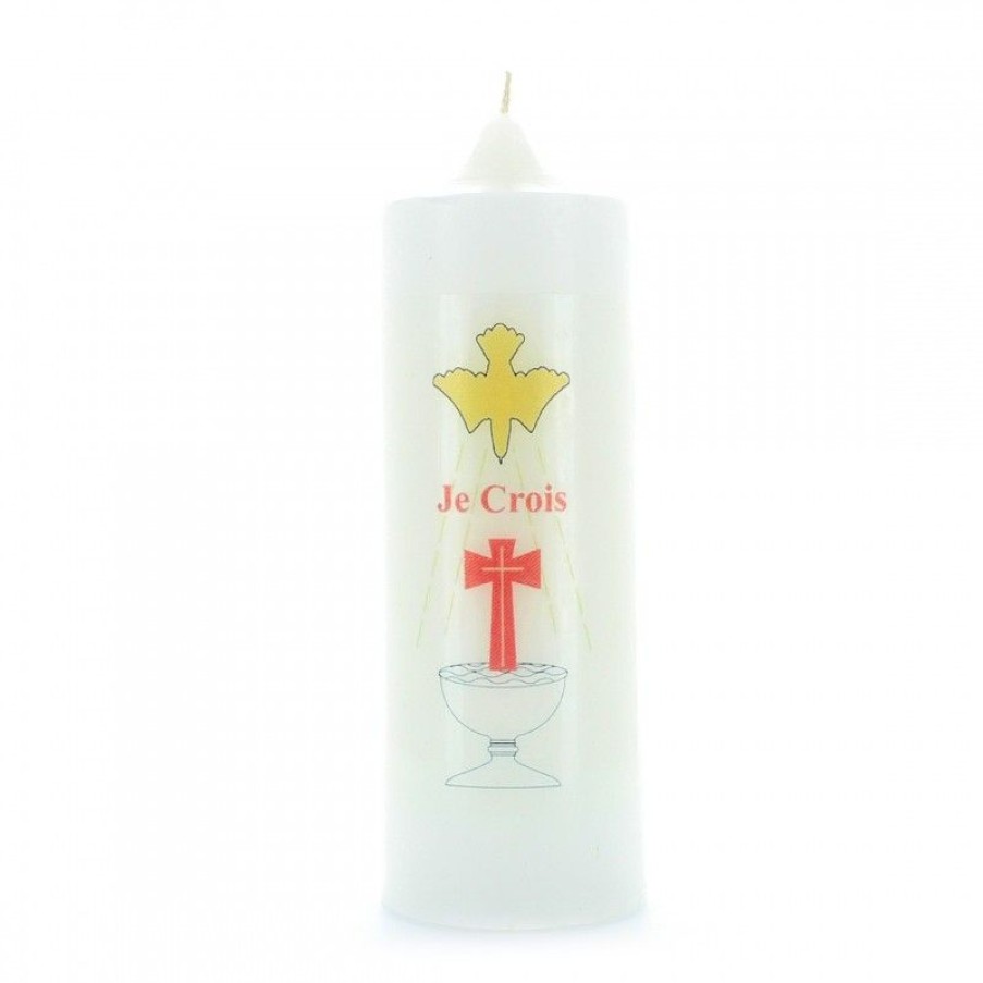 Palais du Rosaire Bougie Decorative | Bougie Blanche De Bapteme Je Crois 6 X 18 Cm