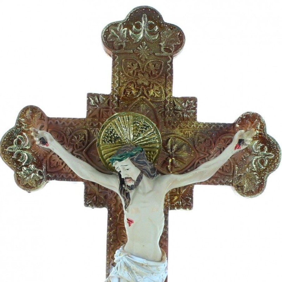 Palais du Rosaire Crucifix Resine | Crucifix En Resine Avec Details Dores 20Cm