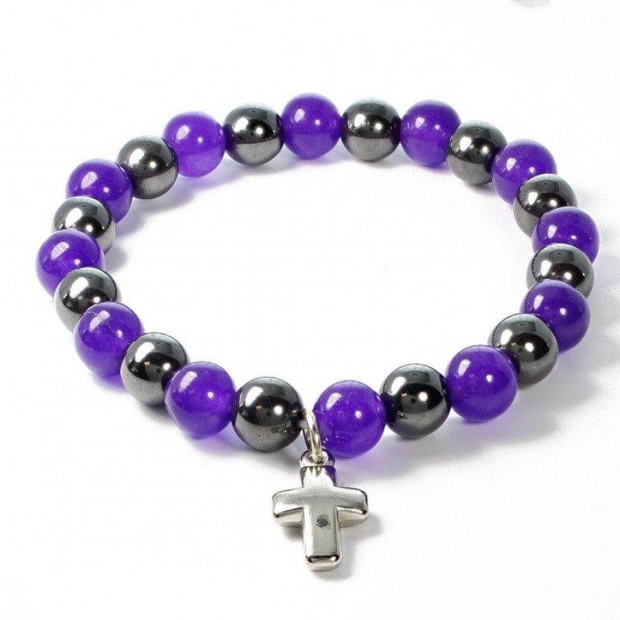 Palais du Rosaire Bracelet Fantaisie | Bracelet En Pierres Naturelles D'Hematite Et Amethyste Avec Croix