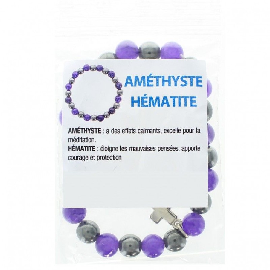 Palais du Rosaire Bracelet Fantaisie | Bracelet En Pierres Naturelles D'Hematite Et Amethyste Avec Croix