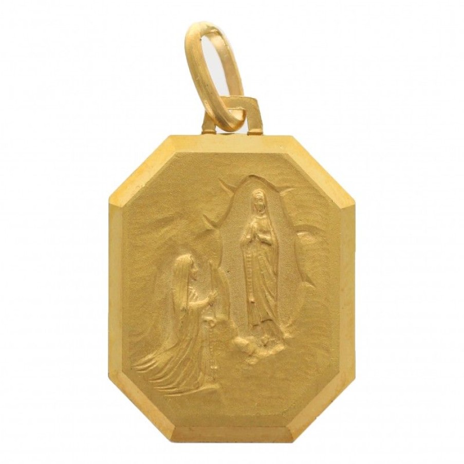 Palais du Rosaire Medaille Et Croix Plaque Or | Medaille En Plaque Or Double Face Vierge De Profil Et Apparition 20 Mm
