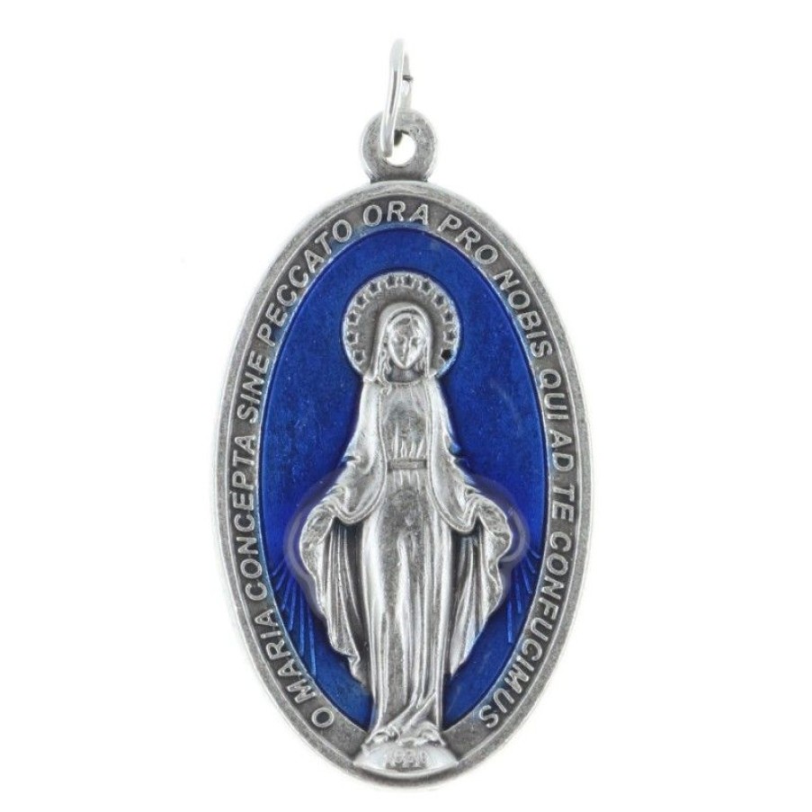 Palais du Rosaire Medaille Et Croix Metal | Medaille De La Vierge Miraculeuse En Metal Et Emaillee Bleue 4Cm