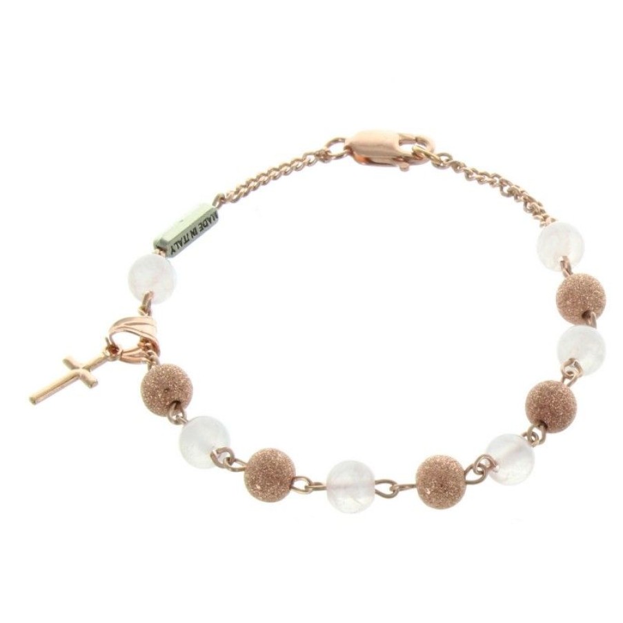 Palais du Rosaire Bracelet Argent | Bracelet Religieux En Argent Avec Des Perles En Quartz Et Plaque Or Rose