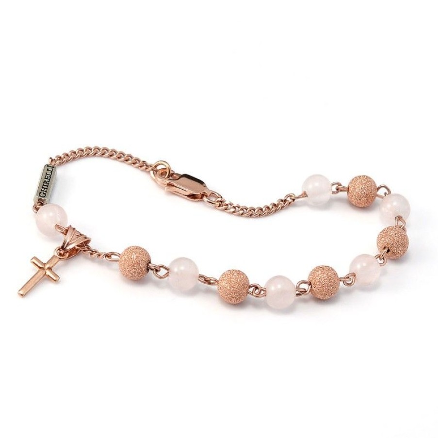 Palais du Rosaire Bracelet Argent | Bracelet Religieux En Argent Avec Des Perles En Quartz Et Plaque Or Rose