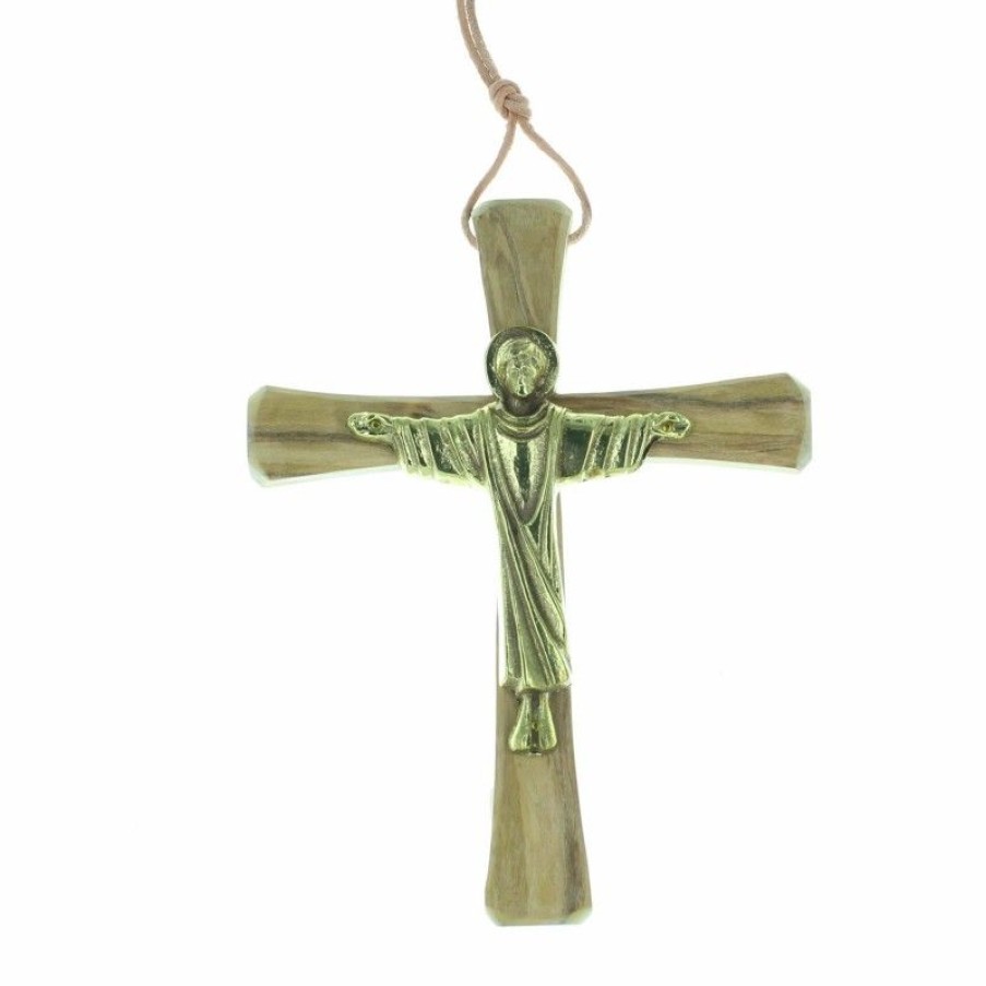 Palais du Rosaire Crucifix Metal | Crucifix Du Christ Glorieux En Bronze Et Bois D'Olivier De 14Cm