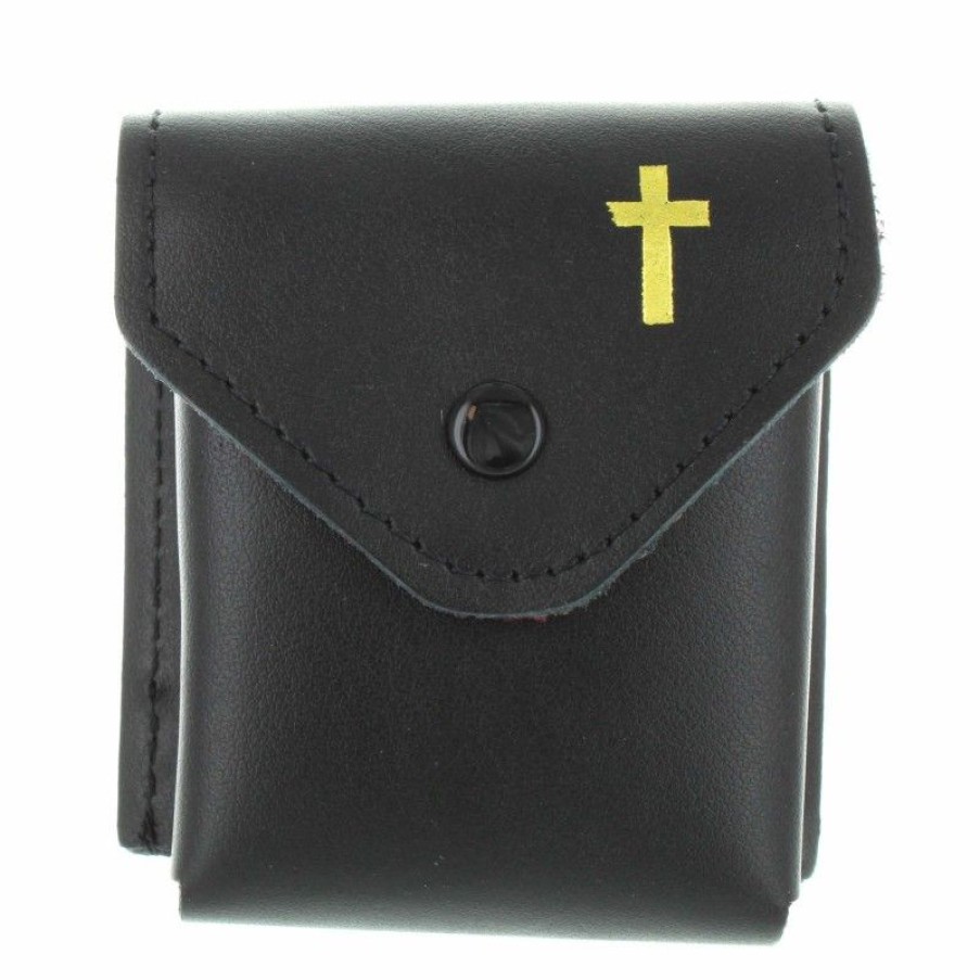 Palais du Rosaire Etui A Chapelet | Etui A Chapelet En Cuir Noir Avec Une Croix Doree