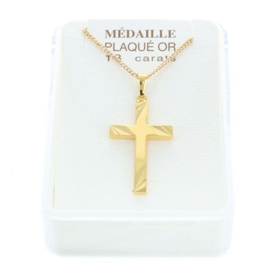 Palais du Rosaire Medaille Et Croix Plaque Or | Parure Pendentif Croix Plaque Or Et Chaine Doree 50Cm