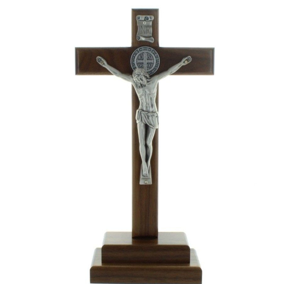 Palais du Rosaire Crucifix Bois | Crucifix De Saint Benoit En Bois Sur Socle 30Cm