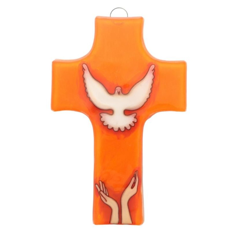 Palais du Rosaire Croix Religieuse | Croix Religieuse En Verre Orange Illustree D'Une Colombe 8X12Cm