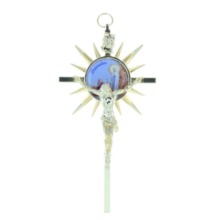 Palais du Rosaire Crucifix Metal | Crucifix Metal Dore Et Apparition De Lourdes 11,5 Cm