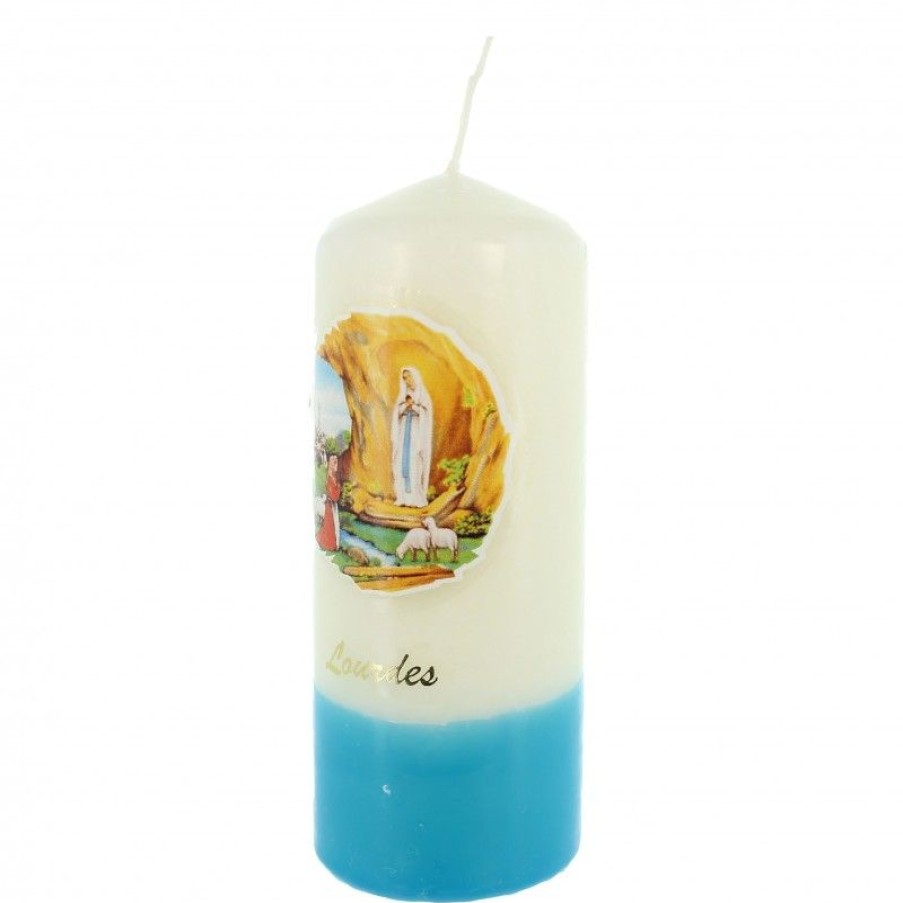 Palais du Rosaire Bougie Decorative | Bougie Blanche Et Bleu De L'Apparition De Lourdes 5X11Cm