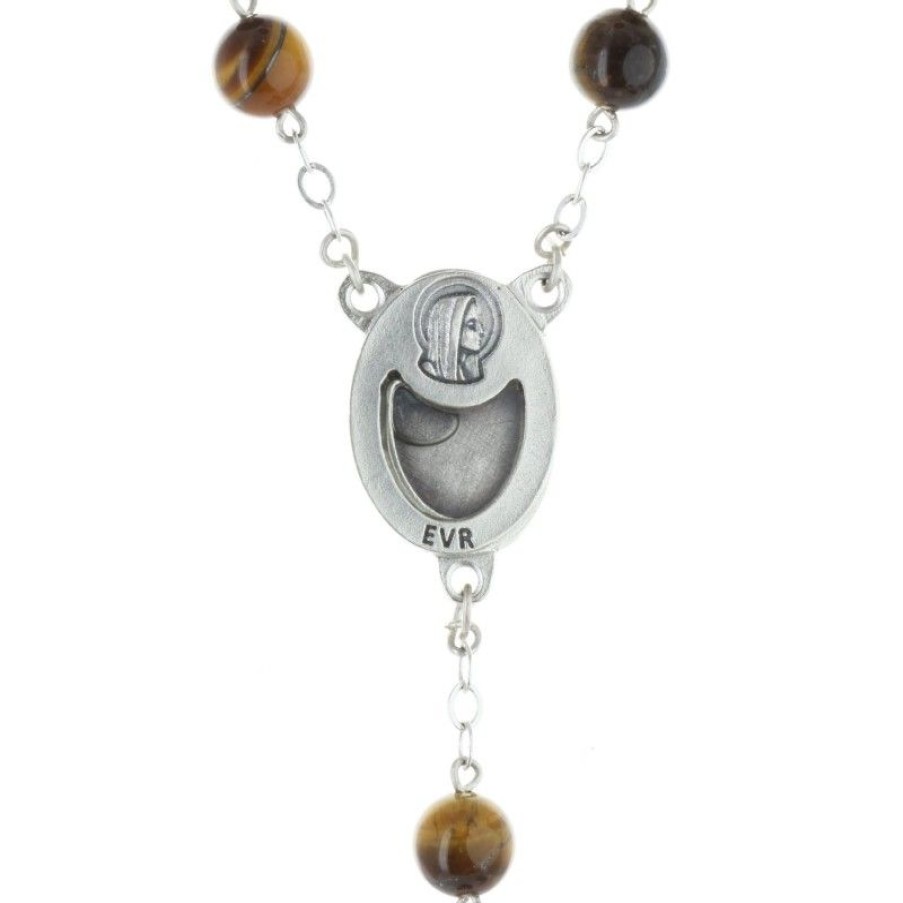 Palais du Rosaire Chapelet Pierre | Chapelet En Pierre Oeil De Tigre Avec Un Coeur A L'Eau De Lourdes