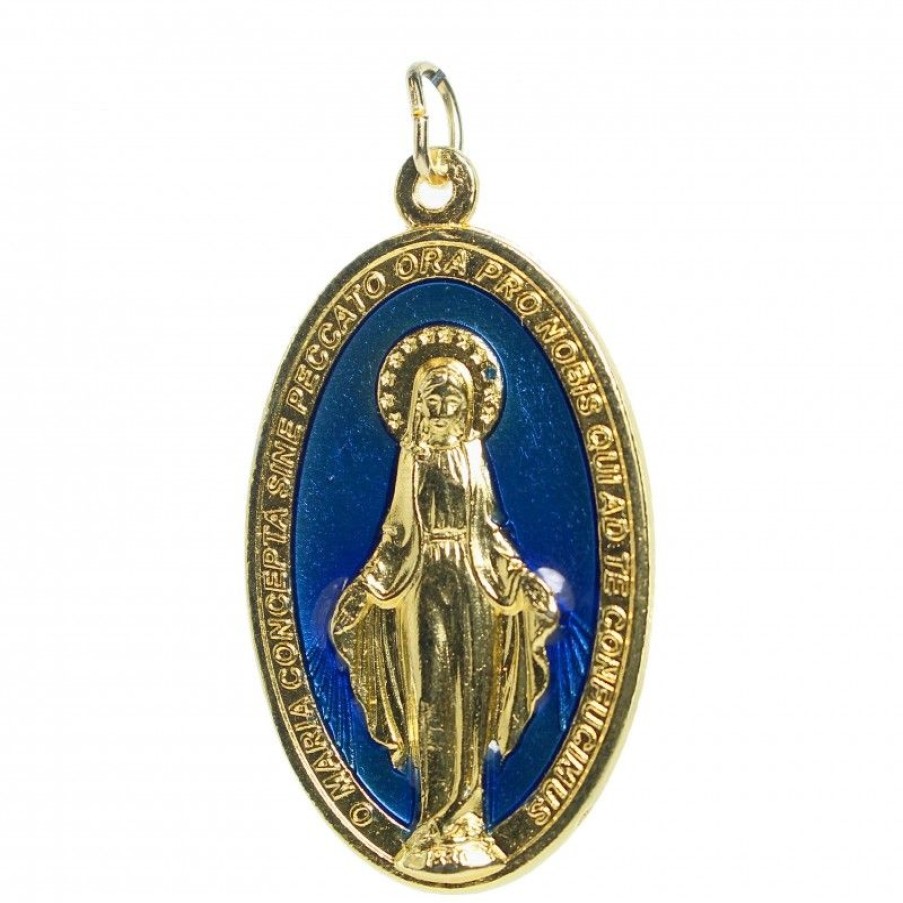 Palais du Rosaire Medaille Et Croix Metal | Medaille Miraculeuse En Metal Emaille Dore Et Bleu 40Mm