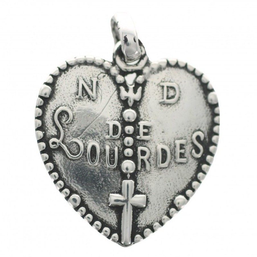 Palais du Rosaire Medaille Et Croix Metal | Medaille De Notre Dame De Lourdes En Forme De Coeur En Plaque Argent
