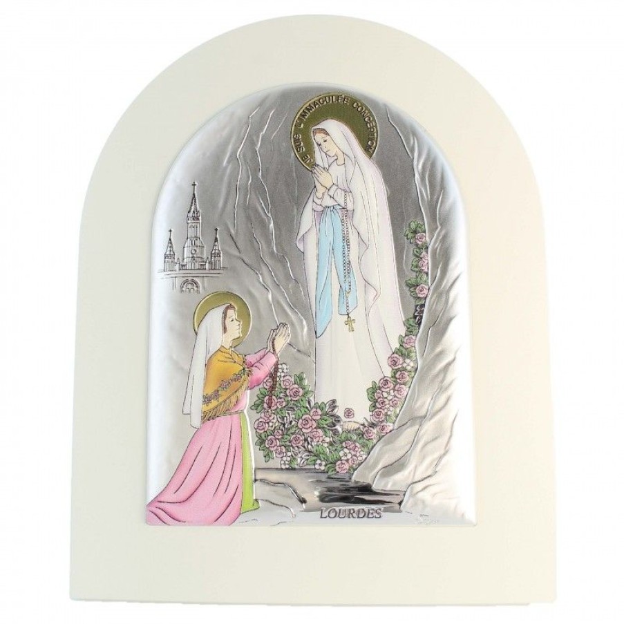 Palais du Rosaire Cadre Religieux | Cadre De L'Apparition De Lourdes En Bois Blanc Et Metal Argente 17X21Cm