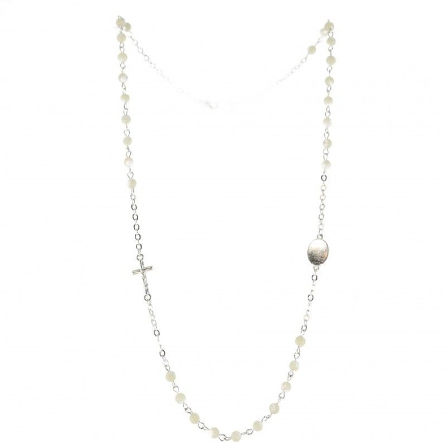 Palais du Rosaire Collier Fantaisie | Collier 3 Dizaines Avec Perles En Nacre, Une Croix Et Une Medaille De L'Apparition