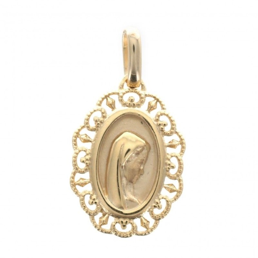 Palais du Rosaire Medaille Et Croix Plaque Or | Medaille Vierge De Profil En Plaque Or Avec Tour Dentelle 14 Mm