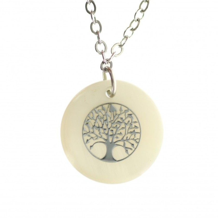 Palais du Rosaire Collier Fantaisie | Chaine Et Pendentif Rond En Nacre Avec Arbre De Vie