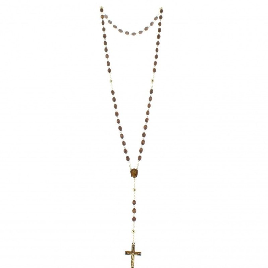 Palais du Rosaire Chapelet Bois | Chapelet Dore Avec Grains Bois Ovales Coeur Et Croix Emailles