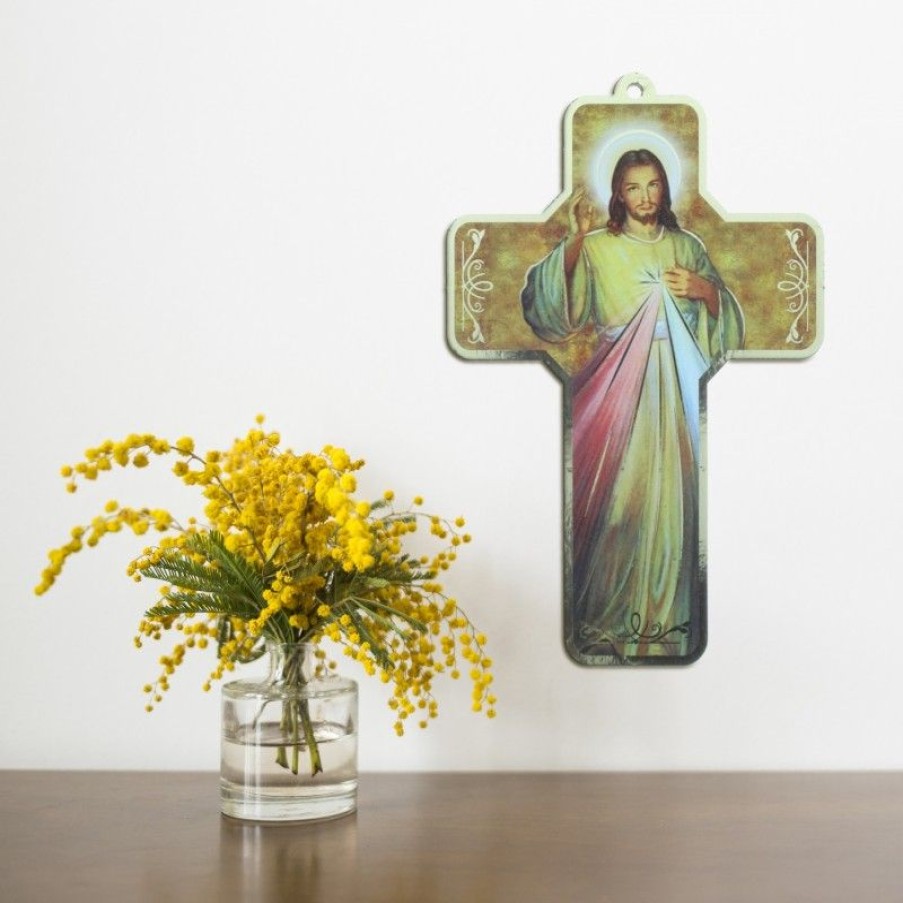 Palais du Rosaire Croix Religieuse | Croix En Bois De Jesus Misericordieux 18 Cm