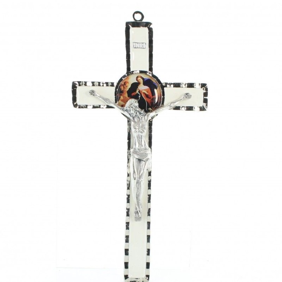 Palais du Rosaire Crucifix Metal | Croix Marie Qui Defait Les Noeuds En Metal Et Fond Blanc 10X18Cm
