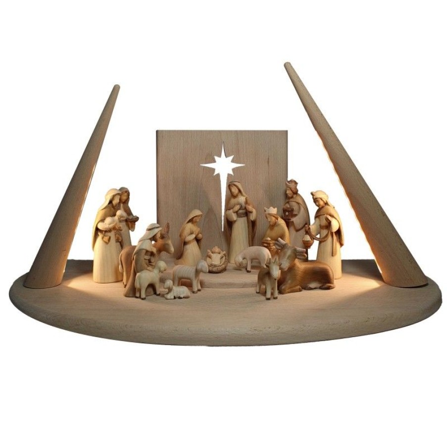 Palais du Rosaire Creche | Creche En Bois Avec Eclairage Led 17 Pieces 12Cm