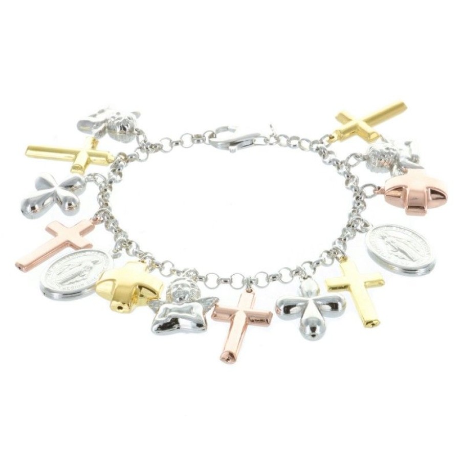 Palais du Rosaire Bracelet Argent | Bracelet En Argent Avec Pendentifs Croix Et Medailles Religieuses