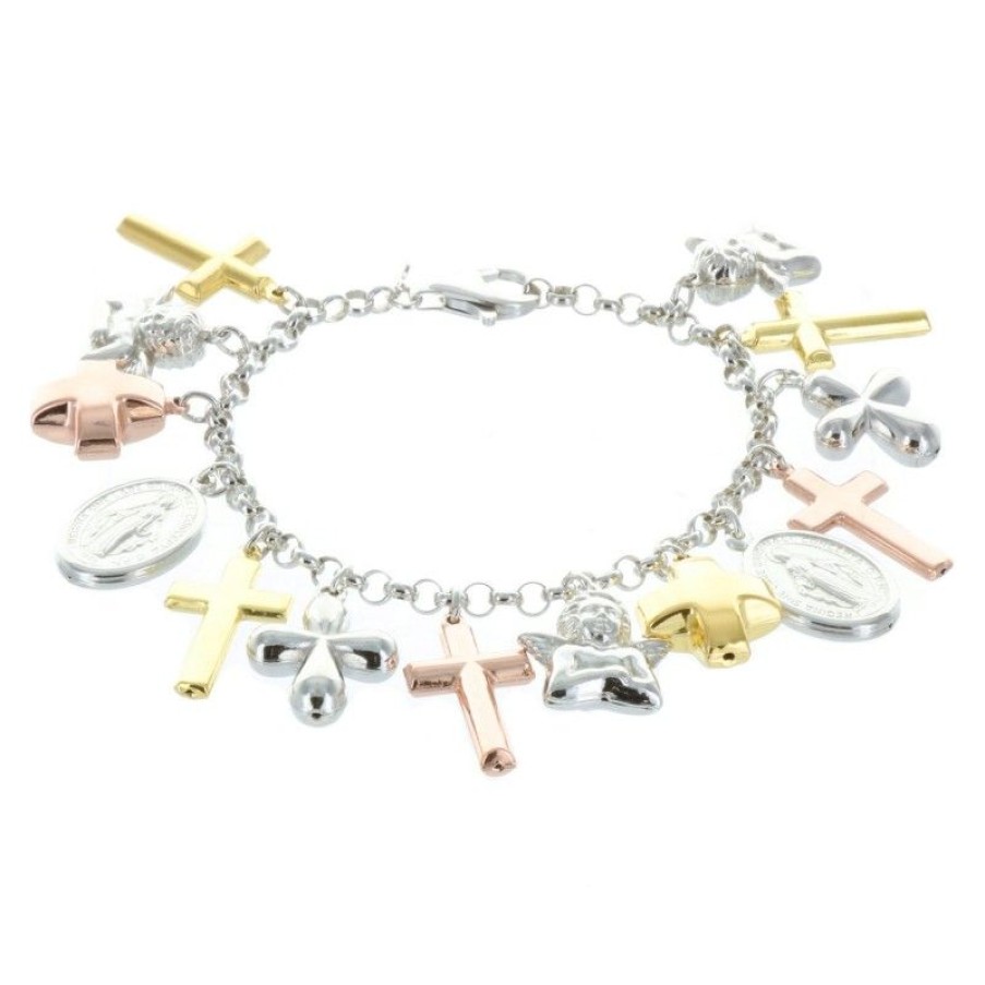 Palais du Rosaire Bracelet Argent | Bracelet En Argent Avec Pendentifs Croix Et Medailles Religieuses