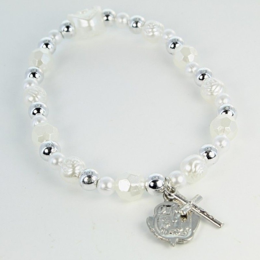 Palais du Rosaire Bracelet Fantaisie | Bracelet Dizainier Perles Blanches Et Coeur