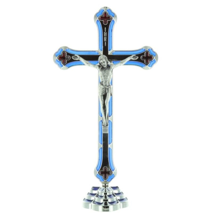 Palais du Rosaire Crucifix Metal | Crucifix Metal Colore Et Argente Et Christ En Metal 20 Cm
