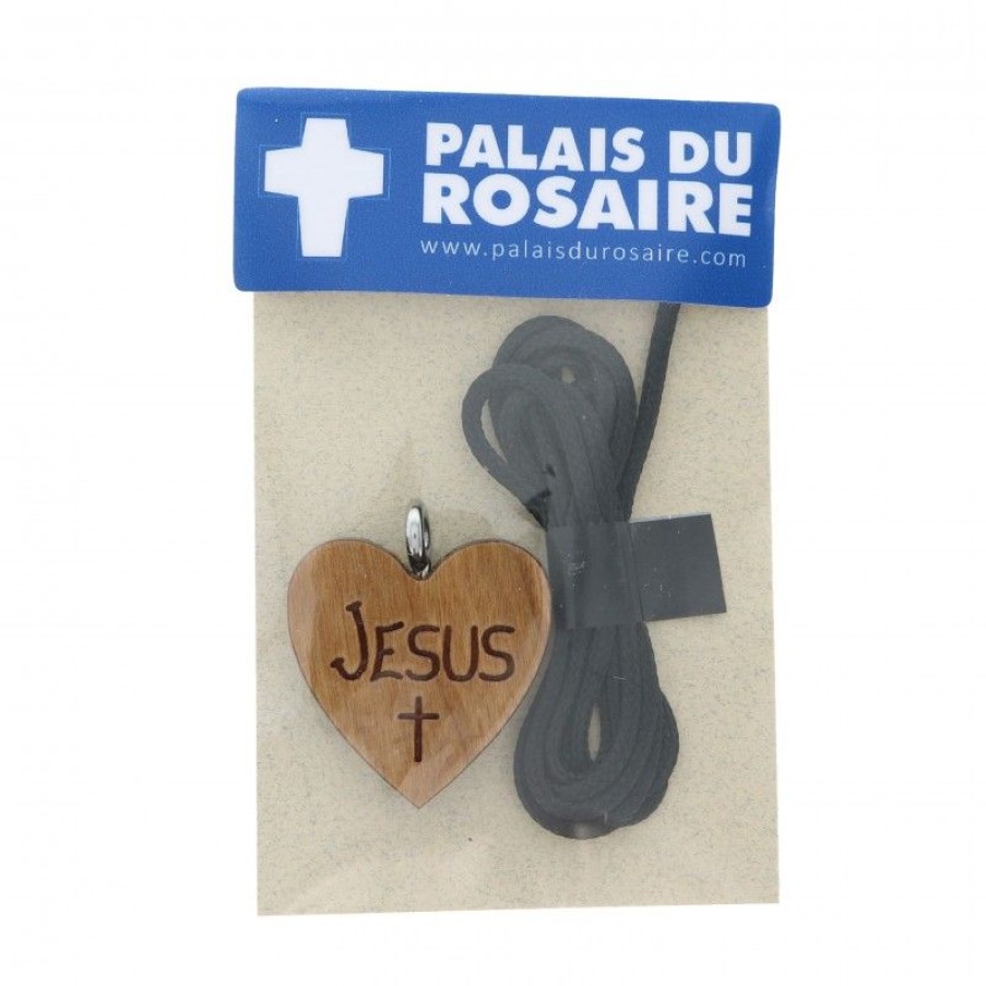 Palais du Rosaire Collier Fantaisie | Collier Coeur En Bois D'Erable \\"Jesus\\" De 2,5Cm Avec Cordon
