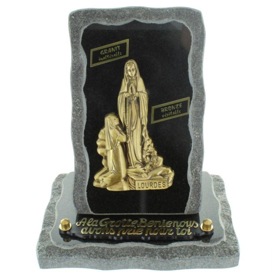 Palais du Rosaire Plaque Funeraire | Plaque Funeraire En Granit Sur Socle Avec L'Apparition De Lourdes En Bronze 18X20Cm