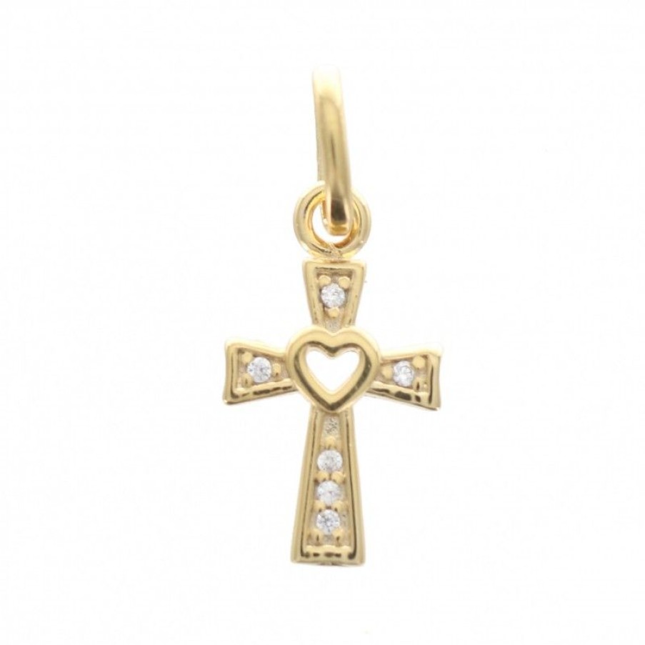 Palais du Rosaire Medaille Et Croix Plaque Or | Pendentif Croix Plaque Or Avec Strass Et Coeur Ajoure 12 Mm