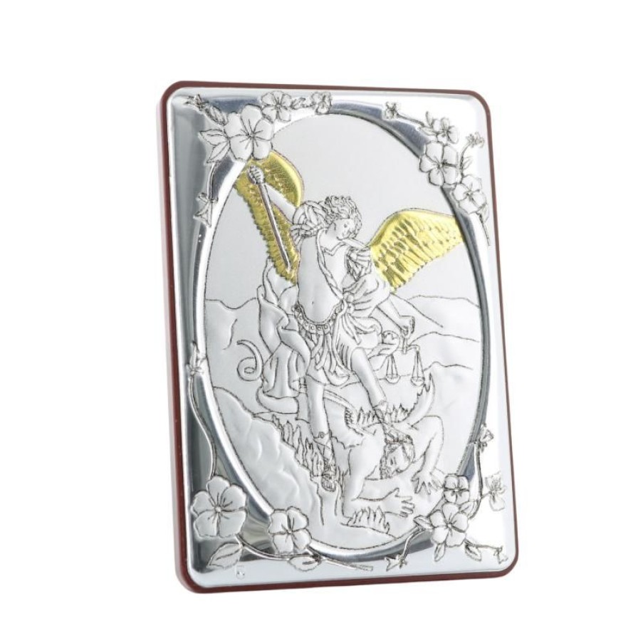 Palais du Rosaire Cadre Religieux | Cadre De L'Archange Saint Michel En Bois Et Argent 7X14Cm