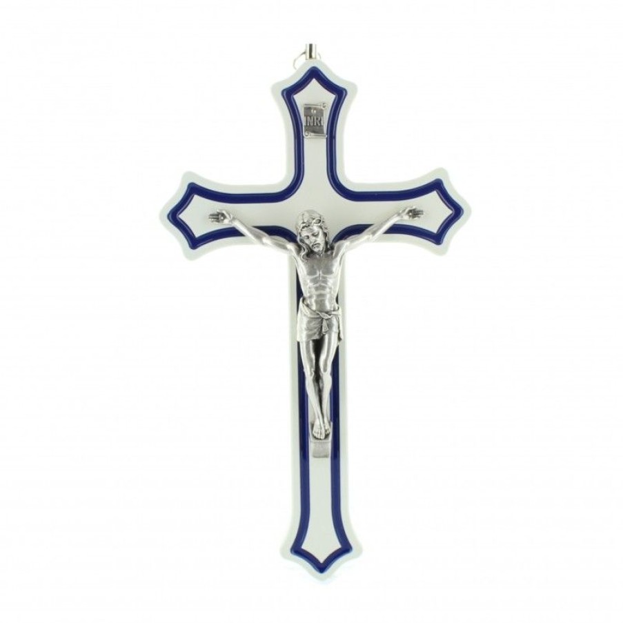 Palais du Rosaire Crucifix Metal | Crucifix Blanc Et Bleu Avec Christ Argente 20Cm