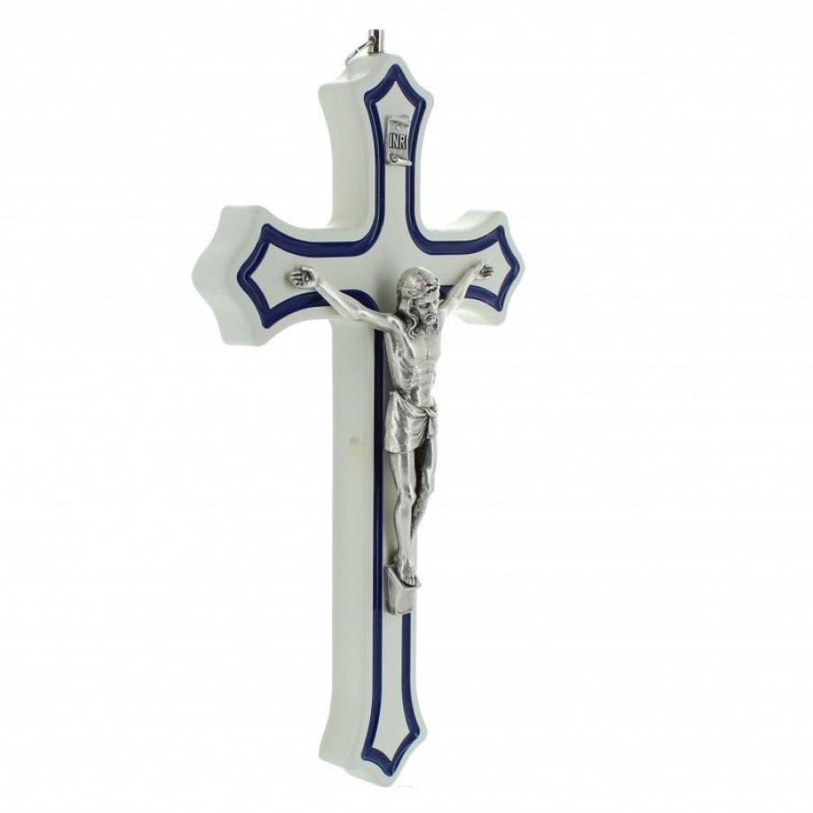 Palais du Rosaire Crucifix Metal | Crucifix Blanc Et Bleu Avec Christ Argente 20Cm