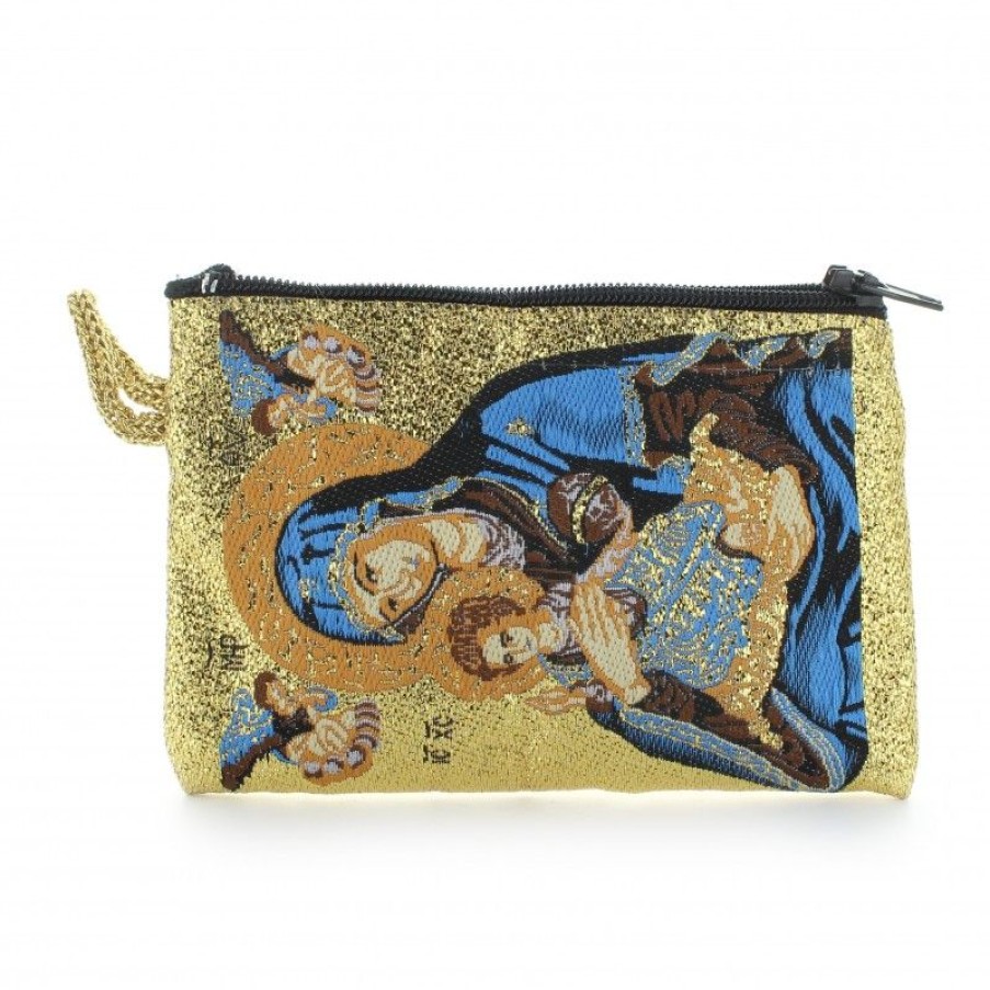 Palais du Rosaire Etui A Chapelet | Etui A Chapelet En Fil Dore 10X7 Cm Decore De La Vierge Bleue