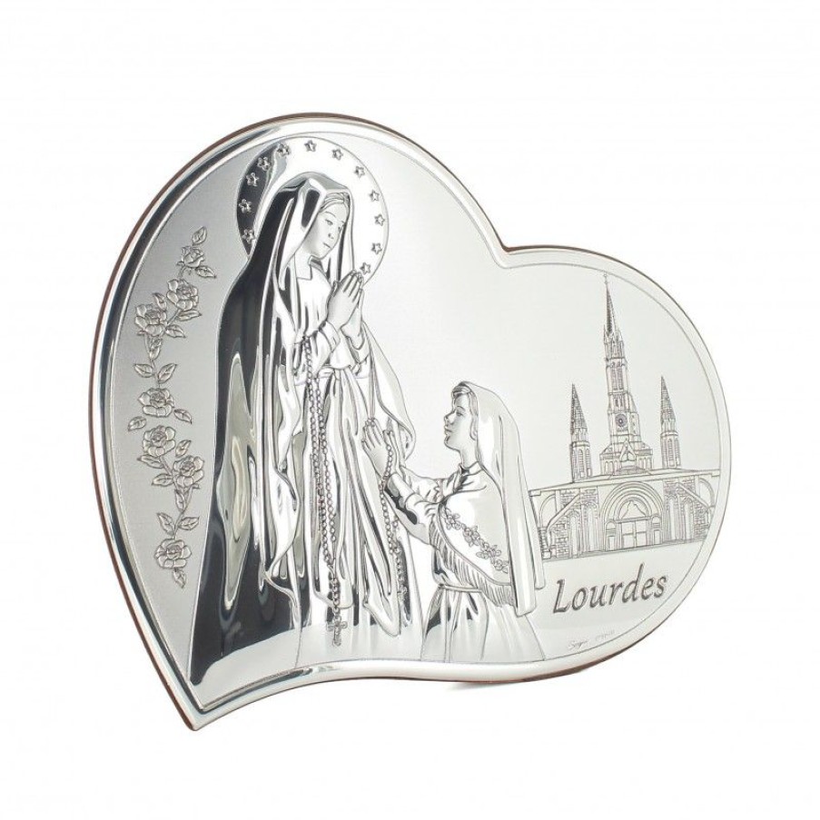 Palais du Rosaire Cadre Religieux | Cadre En Forme De Coeur De L'Apparition De Lourdes En Metal Argente 21X17Cm