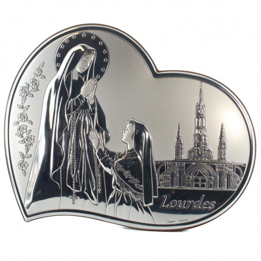 Palais du Rosaire Cadre Religieux | Cadre En Forme De Coeur De L'Apparition De Lourdes En Metal Argente 21X17Cm