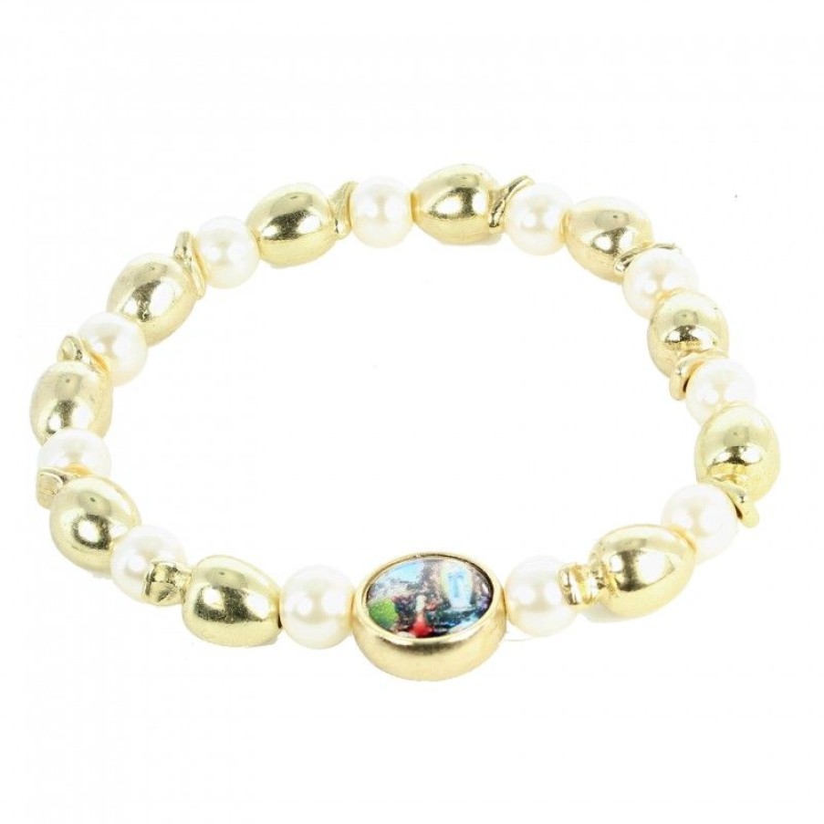 Palais du Rosaire Bracelet Fantaisie | Bracelet Perles Nacrees Et Dorees Apparition De Lourdes