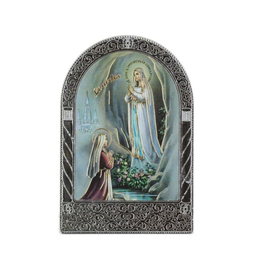 Palais du Rosaire Cadre Religieux | Cadre Religieux Argente Apparition De Lourdes Coloree Et Doree 4,5 X 7 Cm